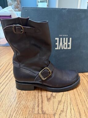 Frye Dark Brown Leather Short Engineer Boots with Buckles